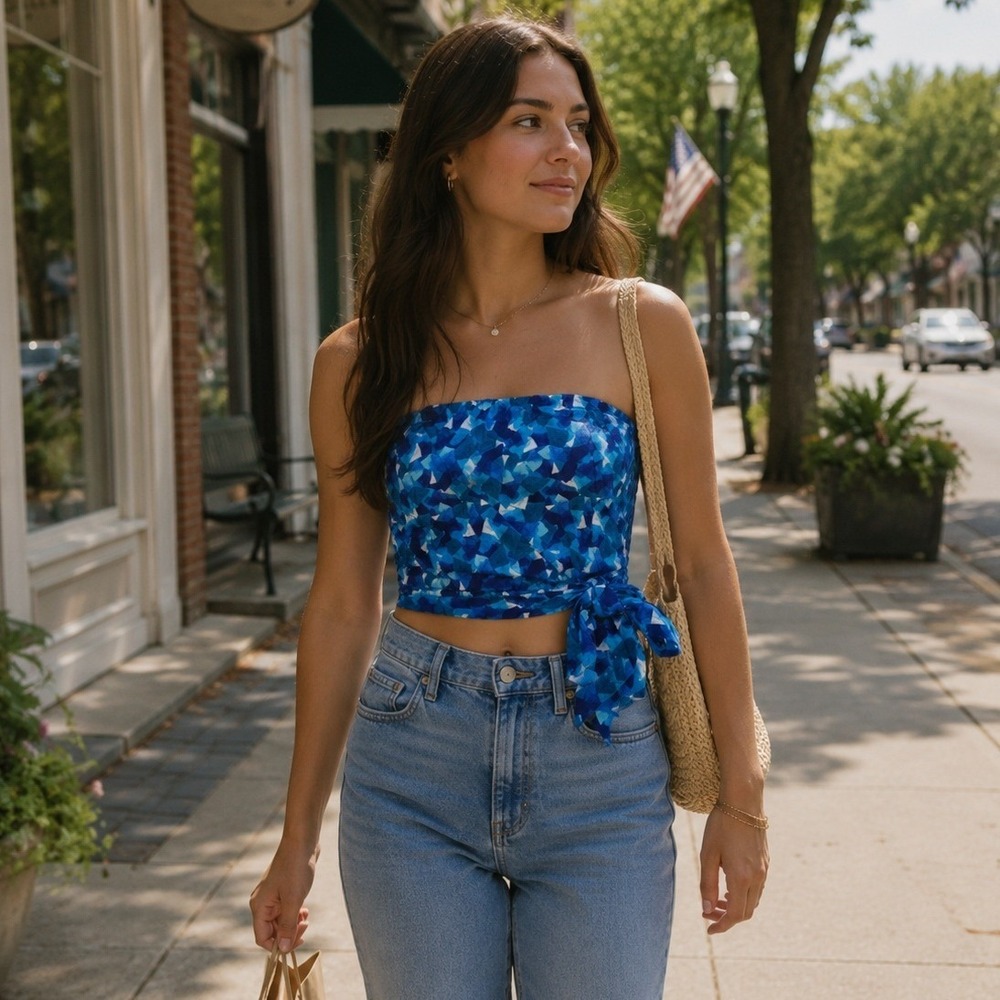 Y2K Blue Abstract Strapless Crop Top Coastal Vacation Festival NWT
